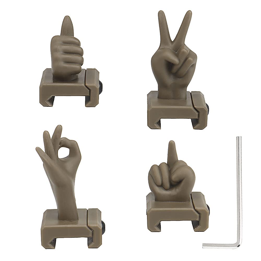 JFFCESTORE Fun Functional Finger Sight Set, V Hand & Middle Finger and Okay & Thumbs Up Sign Fixed Backup Front and Rear Polymer Sight Set, Fit Picatinny （Coyote）