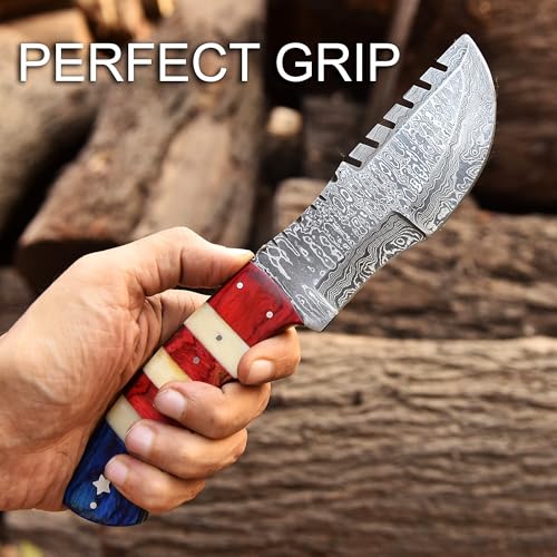 Damascus Steel Fixed Blade Hunting Knife with Leather Sheath - Tactical Survival Bushcraft Knife for Men