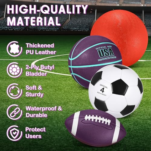 Deekin 4 Pcs Sport Balls Set Purple Teal – Soccer, Basketball, Football & Playground Ball with Pump
