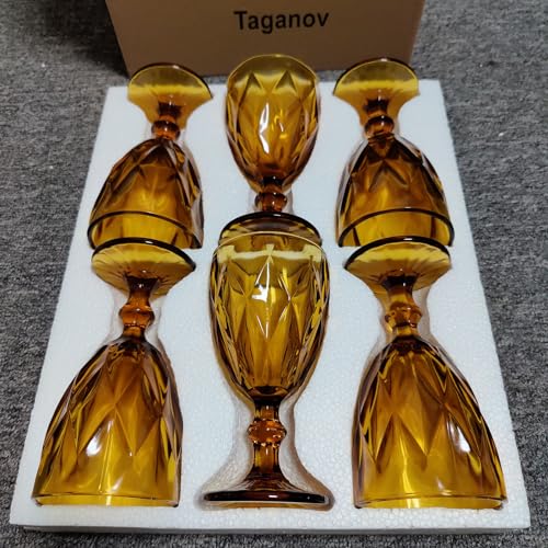 Taganov Amber Wine Glass Set of 6 - Vintage 10 oz Goblets for Wedding & Party