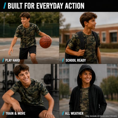 RBX Boys T-Shirts Pack - 2 Lightweight Moisture Wicking Crewnecks, Green Camo, 14-16