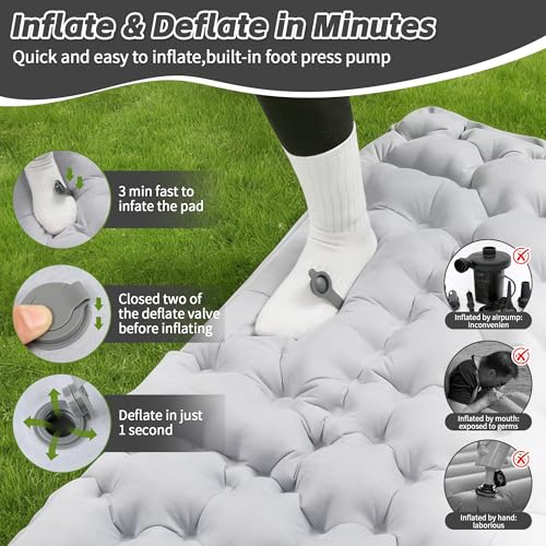 HiiPeak Double Sleeping Pad for Camping with Gray Suede Top, Built-in Foot Pump, 76x48x3in Portable 2-Person
