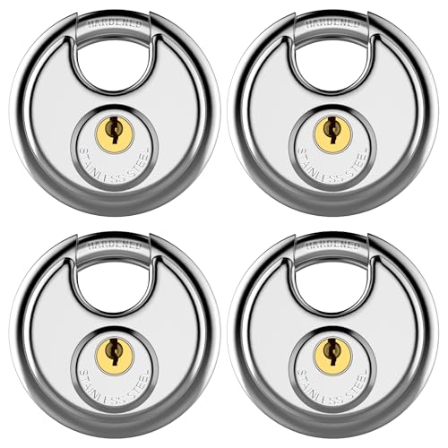 Puroma Keyed Padlock, Stainless Steel Discus Locker Lock Heavy Duty Locks with 12 Keys, Waterproof Outdoors Gate Storage Unit Lock with 3/8 Inch Shackle for Warehouse, Gym Storage Locker (4 Pack)