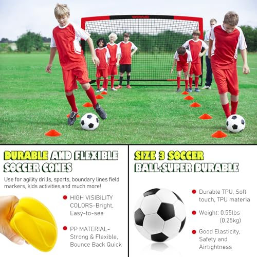Kids Soccer Goals Set of 2 - 6x4 ft Portable Soccer Net & Accessories - Black Red