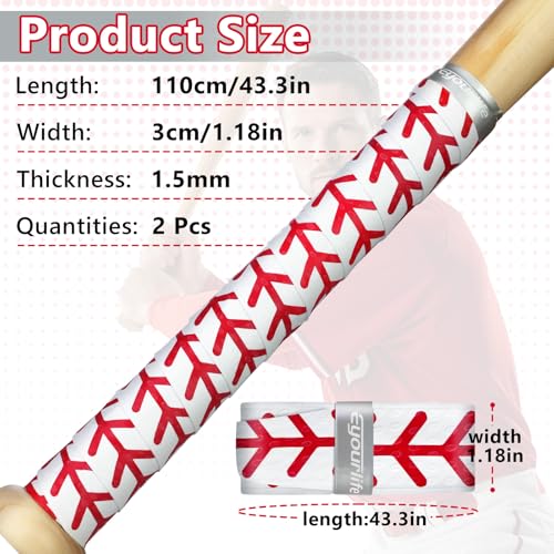 Baseball Bat Grip Wraps - 2 Pack, White with Stitching