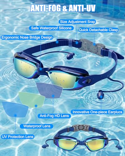 Aegend 2 Pack Swim Goggles for Adults No Leak with Storage Case - Navy Blue & Rose Red