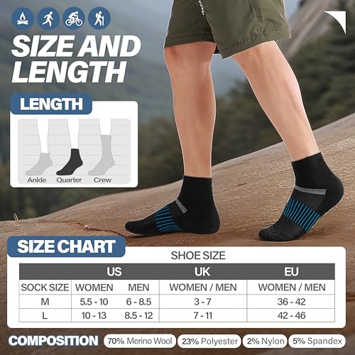 Anlisim Merino Wool Ankle Running Hiking Socks - Large Black Mixed Pack