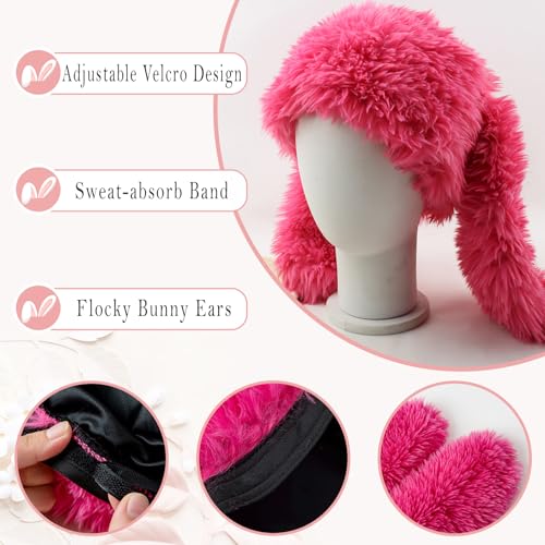 Y2K Fuzzy Bunny Beanie Hat for Women One Size Black Cute Furry Ears