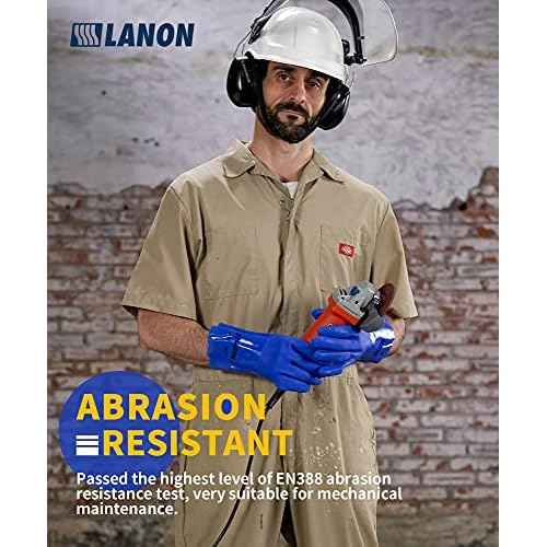 LANON 6 Pairs PVC Chemical Resistant Gloves, Heavy-Duty Rubber Gloves, Acid, Alkali and Oil Protection, Non-Slip, Blue, Large
