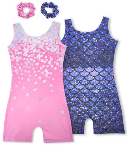 Gymnastics Leotards for Girls - Sparkly Biketards Set with Scrunchies