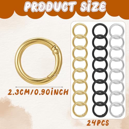 24 Pcs Metal Spring O-Rings for Keychains & Bags - Gold, Silver, Black