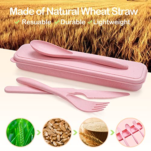 Reusable Travel Utensils Set - 2 Sets Wheat Straw Cutlery Case - Black & Dark Blue