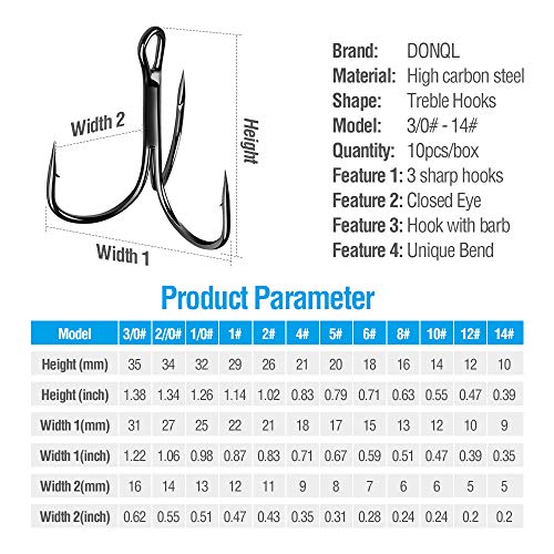High Carbon Steel Treble Hooks - 20 Pack, Size 14, Black Chrome