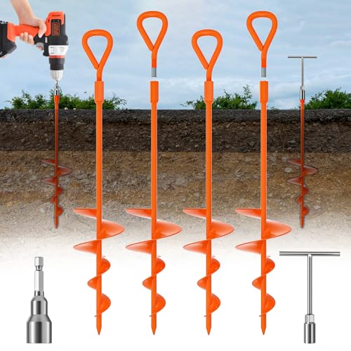 18'' Heavy Duty Ground Anchor Screws - 4 Pack with T-Handle Hex Wrench - Orange