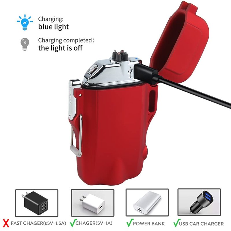 SUPRUS Waterproof 3 Modes of Flashlight Windproof Lighter Dual Arc Electric Rechargeable Dual Arc Plasma Lighters with Survival Emergency Whistle and Lanyard (Red, 2 Packs)