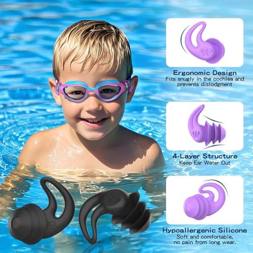 Swimming Ear Plugs for Kids & Adults - 4 Pairs, Black+Green+Purple+Pink
