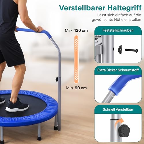 Foldable Mini Trampoline for Adults - Deep Blue Fitness Rebounder with Adjustable Handle, Max Load 330lbs