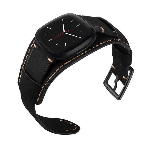 Sjiangqiao Compatible with Fitbit Sense/Versa 3 Bands Genuine Leather Cuff Band Replacement Strap with Stainless Steel Clasp Compatible for Fitbit Versa 3 Sense Accessories Men Women (Black)