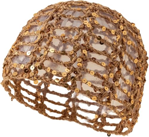 Women’s Sequin Crochet Beanie Hat - A-Khaki, Boho Style