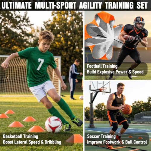20ft Agility Ladder Training Set with Hurdles, Cones & Parachute