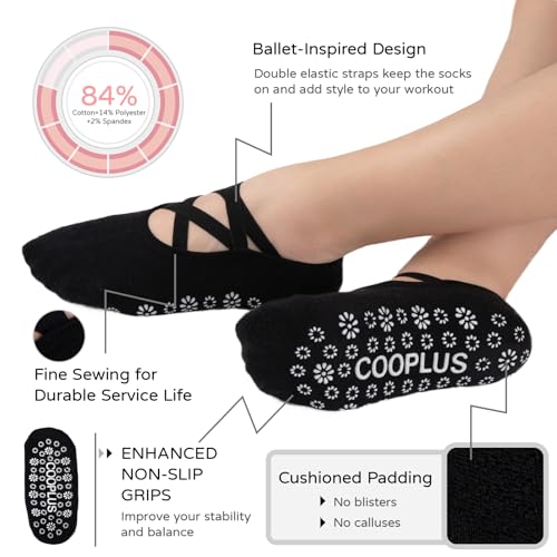 Yoga Socks for Women - Non-Slip Grip Pilates Socks, 4 Pairs - 2 Black + 2 Light Grey