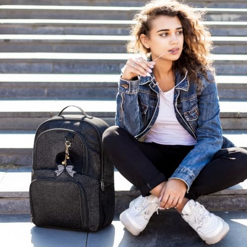 Large Black Cheer Backpack with Bow Keychain - Multi Pockets