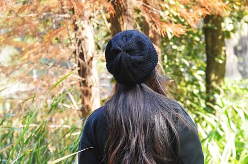 Lightweight Crochet Beanie Hat for Women - Black, Medium