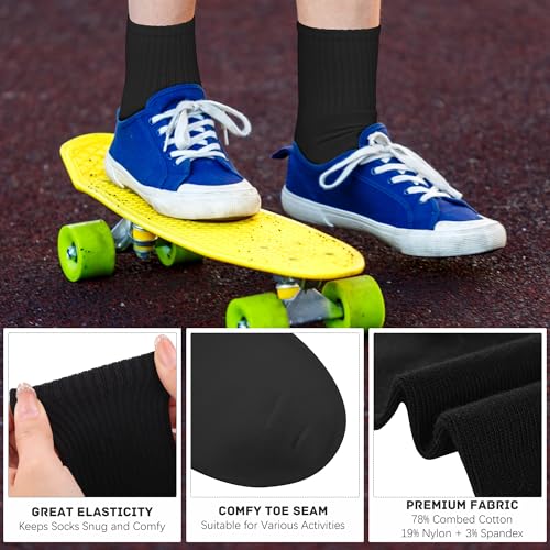 Kids Athletic Crew Socks - 6 Pairs Unisex Soft Cotton Black Stripe (6-8 Years)