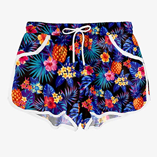 Hawaiian Tropical Print Beach Swim Shorts with Pockets - X-Large Pineapple