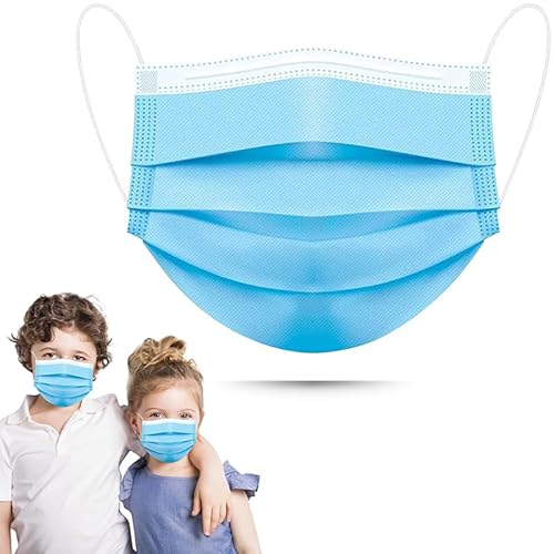 50 Pack Blue Kids Disposable Face Mask, Solid Blue 3-Ply Breathabel Full Face Protection with Elastic Ear Loop