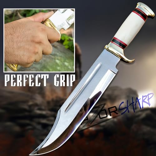 RISING CRAFTS Bone Crocodile Dundee Bowie Knife 14-inch Mirror Polished Hunting & Survival Knife with Leather Sheath – Outdoor Tactical Gift for Men