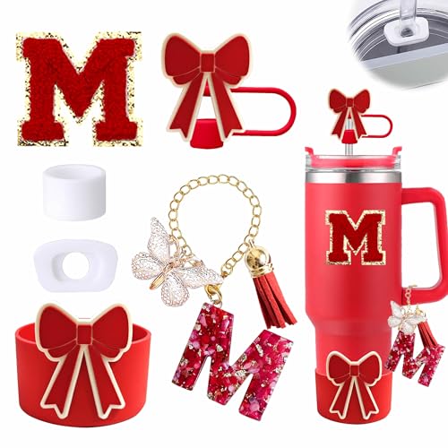 6-Piece Tumbler Accessory Set with Bow Boot and Letter M Charm - Red