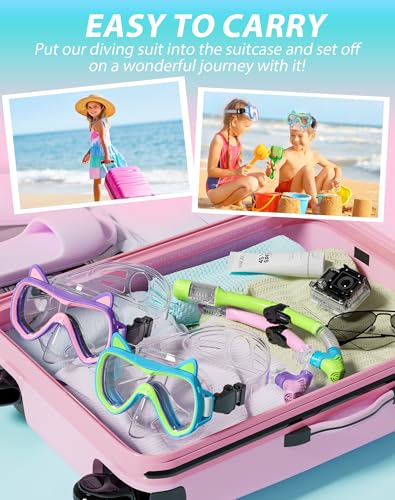 Kids Snorkel Set with Dry Top Mask & Fins - BlueGreen+VioletPink, Kid's Water Gear