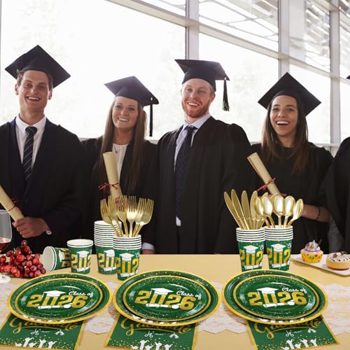 Green and Gold Graduation Plates and Napkins Set - Serves 24