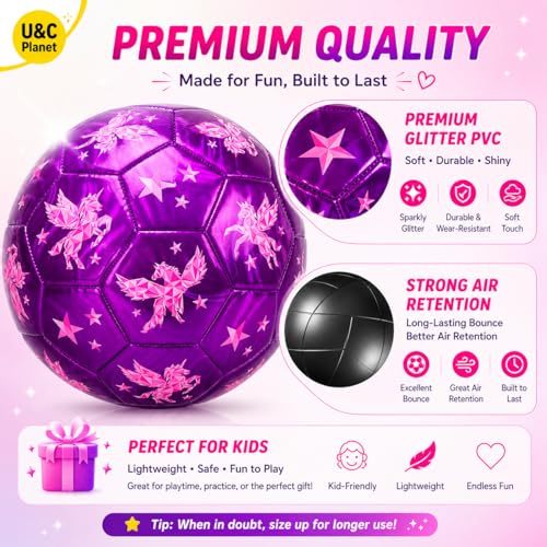 Unicorn Glitter Soccer Ball Size 3 for Kids 3-8 - Purple Unicorn