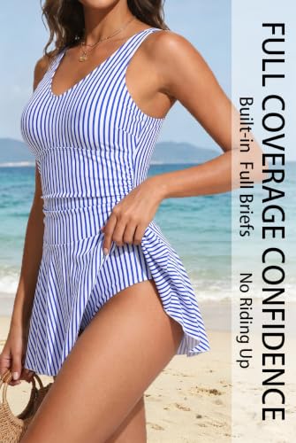 Tummy Control One Piece Swimdress Womens Ruched Vintage Swimsuit Skirt