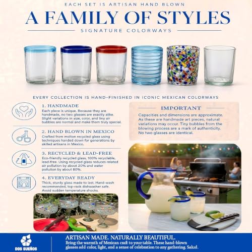 Dos Sueños Hand Blown 14 oz Drinking Glasses, Set of 6 – Natural Clear