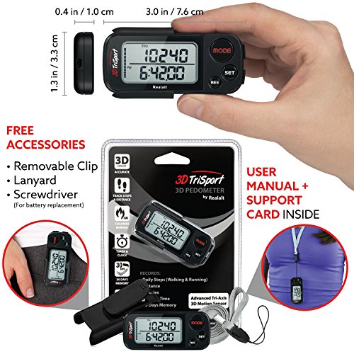 3D Walking Pedometer with Clip & Strap - Stealth Black