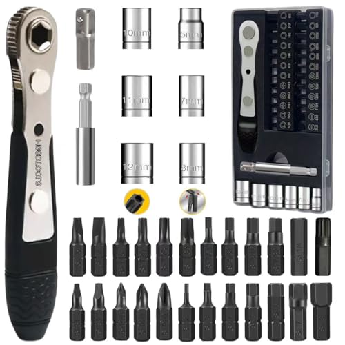 36in1 Right Angle Screwdriver Set 1/4 Mini Ratchet Wrench S2 Magnetic 1/4 Bits 90 Degree Offset Screwdriver Metric/SAE Allen Bits Dedicated to Small Spaces Home&Outdoor Portable Tools