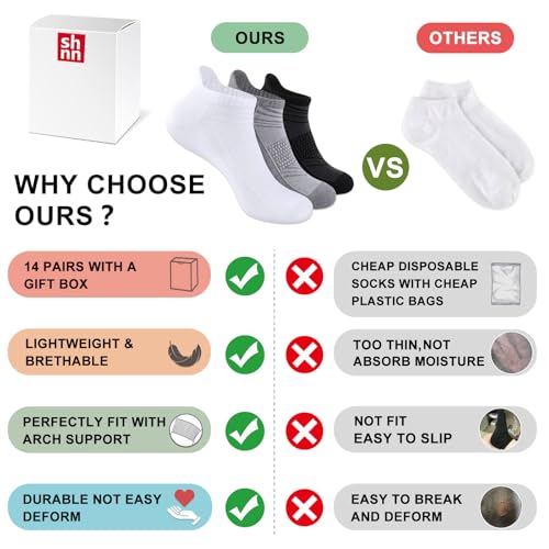 Shnn 14 Pairs Ankle Socks for Men & Women - Breathable Low Cut Casual Socks, Black, Size 6-12