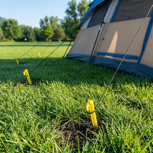 9-Inch Heavy Duty Plastic Tent Stakes - 12 Pack Yellow Camping Pegs