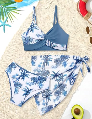 Girls Tropical Floral 3-Piece Twist Cross Bikini Set with Skirt - 9-10 Years Grey Blue Palm