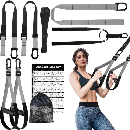 PEMEME Home Resistance Training Kit with Adjustable Suspension Straps (Grey) - Full-Body Bodyweight Training