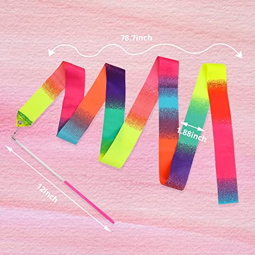 2pcs Rhythmic Gymnastics Ribbons - 78.7 Inch Dancing Streamer Wand - Rainbow