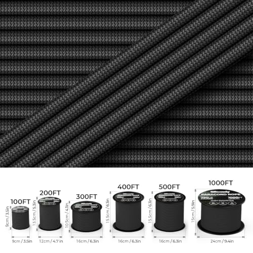 Heavy Duty Paracord Rope 750lb 4mm 12-Strand - Black, 100FT