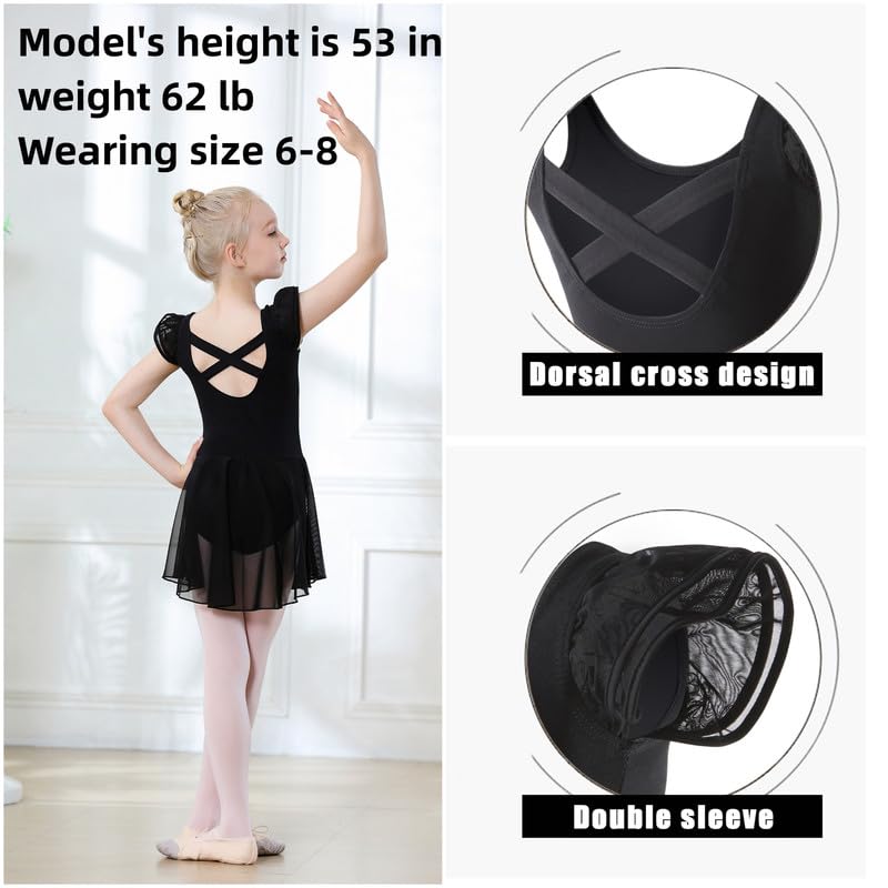 Ballet Leotard with Skirt for Girls - Flutter Sleeve, Criss-Cross Back, 6-8 Years, Black