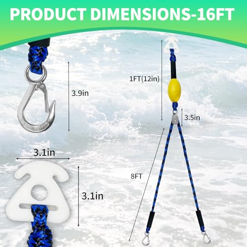 Self Centering Boat Tow Harness with 3 Foam Floats - 16 FT, Blue & Black