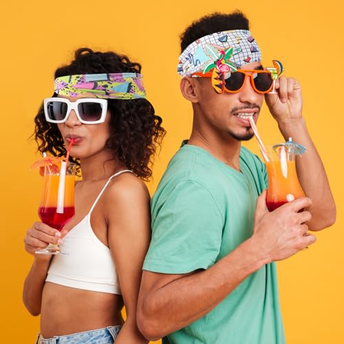 80s Retro Print Head Wraps - 4 Pcs Black Lines Headbands