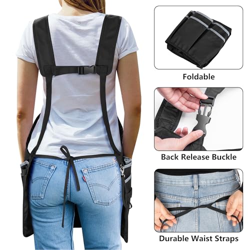 Professional Cleaning Apron for Housekeeping, Water-resistant Cleaning Apron with Multiple Pockets for Women and Men, Adjustable Waist Apron for Cleaning Work Tools, Black