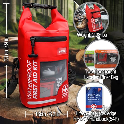 250 PCS Waterproof First Aid Kit - Red Roll Top Bag
